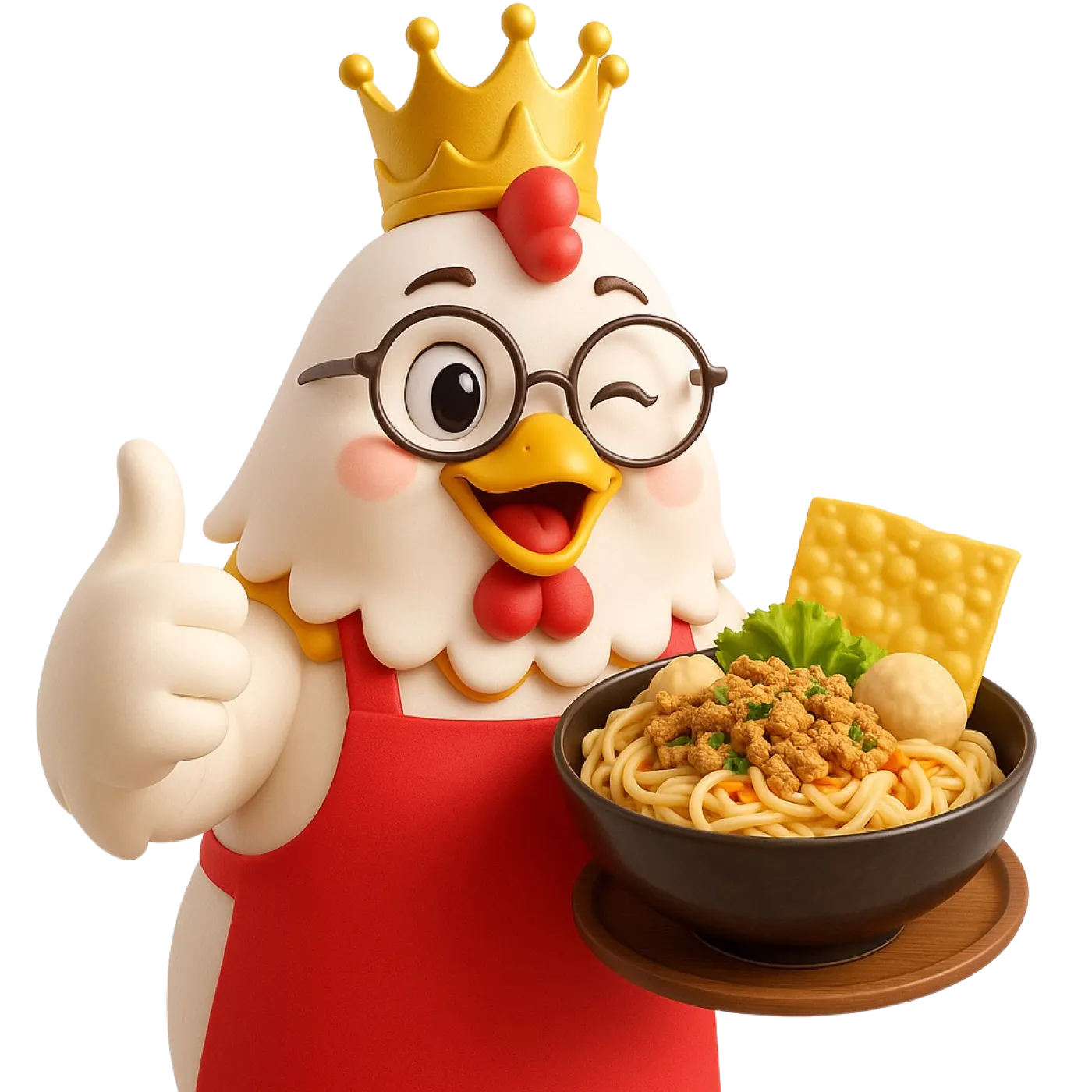 Maskot ayam lucu dengan mahkota membawa mangkuk mie ayam, logo Mie Ayam RATU